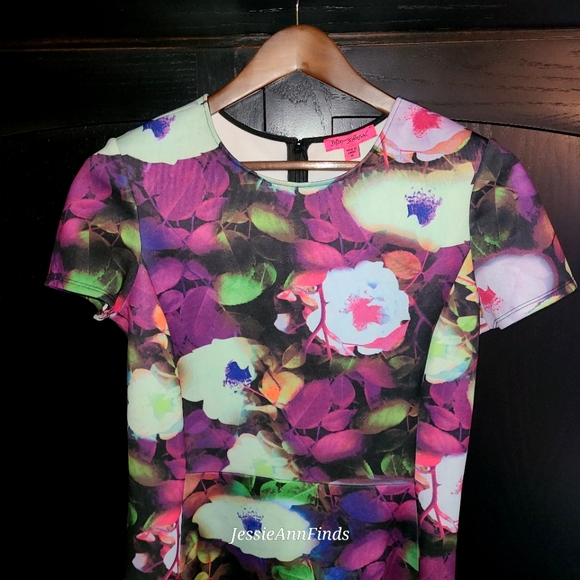Betsey Johnson Colorful Pink Purple Floral Fit and Flare Dress Size 12 - Picture 2 of 9